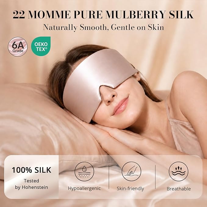 22 Momme Pure Mulberry Silk Sleep Mask, 3D Contoured Cup Eye Mask for Sleeping, Super Soft Breathable Blindfold with Adjustable Strap, Perfect Blocks Light for All Night Sleep, Pink