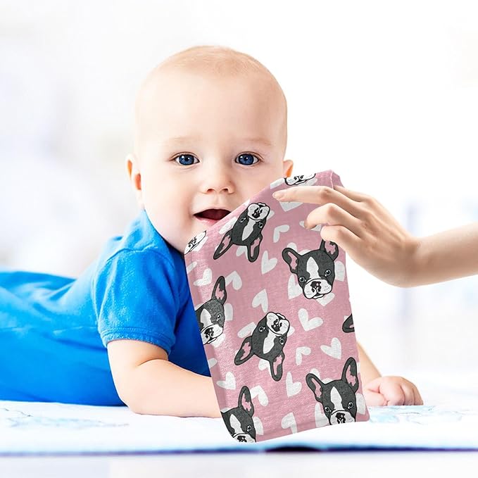 Baby French Bulldog Heart Msulin Washcloths Newborn Face Towel - Baby Muslin Burp Cloths 5 Pack Soft Absorbent Natural Cotton Wash Towel 11.8"X11.8" Baby Bath Towels Wipes