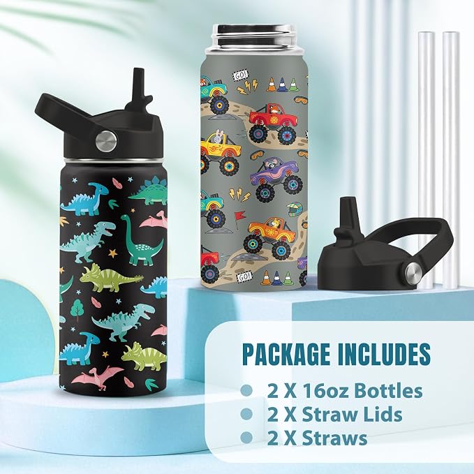 16 oz Water Bottle with Straw Lid, 2 Pack Set, Truck Dinosaur Gifts for Boys Girls, Stainless Steel Insulated Water Bottles for School Travel Outdoor Sports, Truck Dinosaur Cup Birthday Gifts