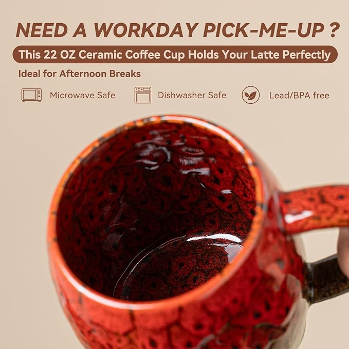 Handmade 22oz Ceramic Coffee Mug, Ergonomic Large Handle, Ideal Gift for Coffee Lovers, Microwave & Dishwasher Safe (Bas-Relief - Red&Green)
