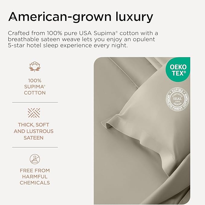 Threadmill California King Sheets, Certified American Supima Cotton Sheets, 1000 Thread Count Hotel Quality, 4 Piece Luxury Bed Sheets Set with Elasticized Extra Deep Pocket, Taupe