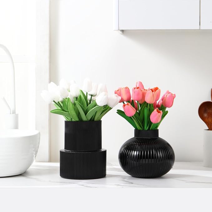 Ribbed Glass Vases, Set of 2 Flower Vases, Black Vase for Tulips, Modern Vase for Living Room, Kitchen, Office, Entryway, Mantle, Bookshelf, Wedding Gifts, Birthday
