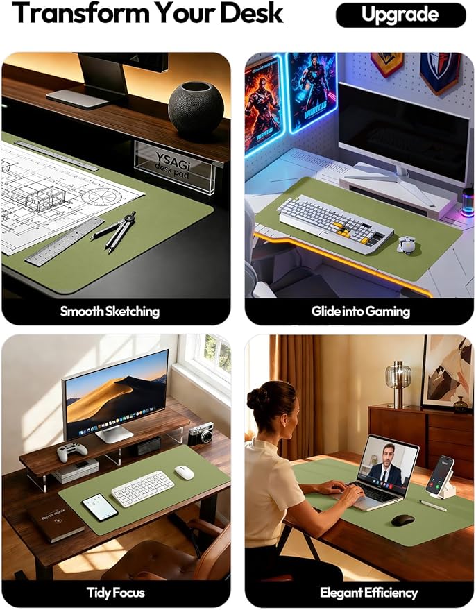 YSAGi Leather Desk Protector, Office Mat, Large Mouse Mat, Non-Slip PU Leather Blotter, Laptop Desk Mat, Waterproof Writing Pad for Office and Home(Green, 42" x 17.2")