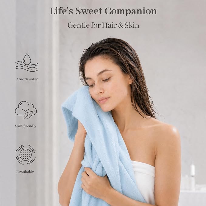 ROLSHOL Cotton Hair Towel Wrap for Women, 2 Pack 100% Cotton Hair Drying Towels for Long, Thick & Curly Hair, 32" x 11" Large Hair Turban for Wet Hair with Elastic Band (Blue)