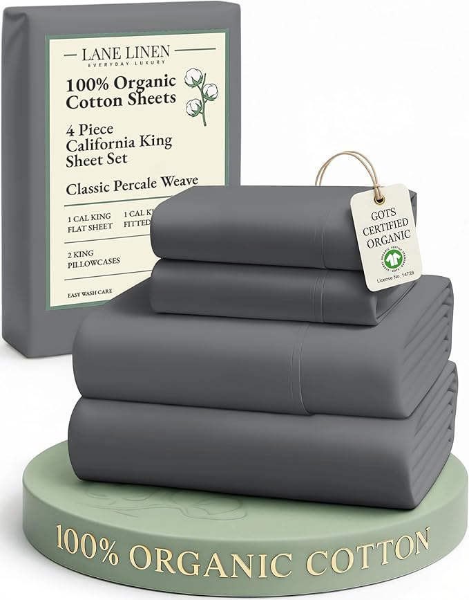 LANE LINEN 100% Organic Cotton California King Sheets Set, Fully Elasticized Reinforsed Seams in Fitted Pocket, Machine Washable All Season Cal King Sheet Deep Pocket Bedding-Charcoal