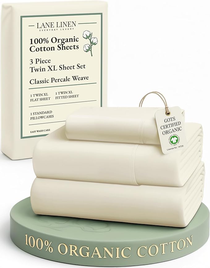 LANE LINEN 100% Organic Cotton Twin XL Sheets Set, 3-Piece Pure Organic Cotton Percale Sheets, Cotton Bedsheets, Ultra Soft Bedding Sheets, Breathable, Fits Mattress Upto 15" Deep - Natural