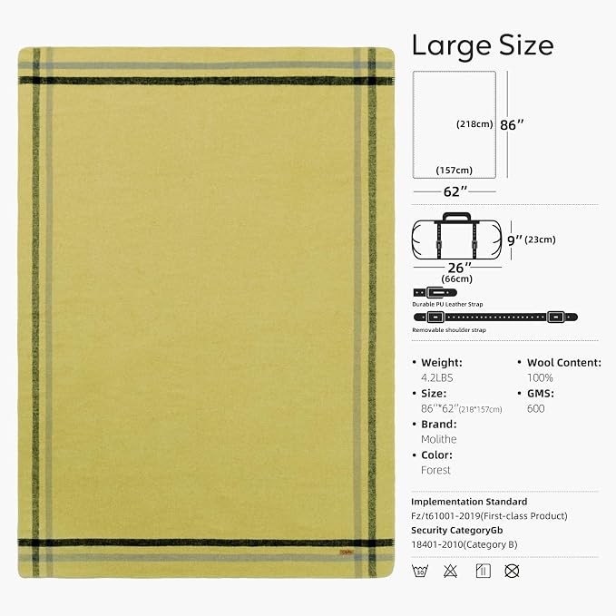 Molithe 100% Wool Blanket, 62" x 86", Warm, Thick, Washable, Military | Great for Camping, Outdoors, Sporting Events, Survival Kits Green and Black