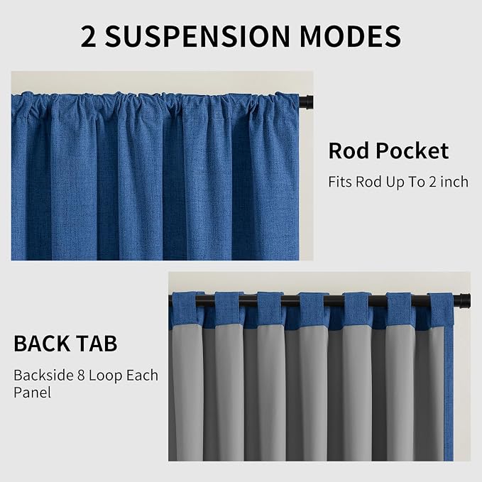 CUCRAF Linen 100% Blackout Curtains 120 Inch Length 2 Panels Set, Back Tab and Rod Pocket Curtain for Living Room Bedroom, Room Darkening Window Drapes Thermal Insulated, (52x120 inch, Navy Blue)