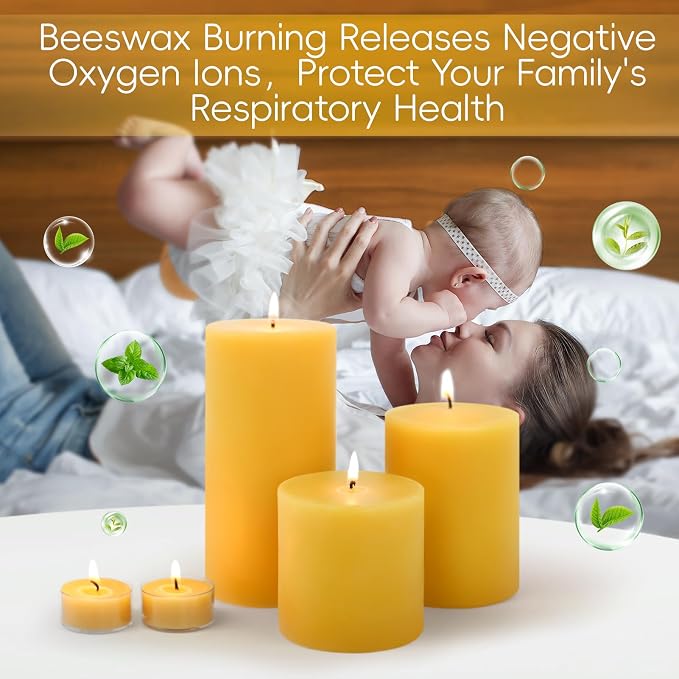 Pure Beeswax Candles,3 Pack Unscented Pillar Candles,213 Hours Long Burning Clean Burning, Smokeless Dripless Bees Wax Candle for Home,Prayer,Emergency,Dinner Table (3x3,3x4,3x6in)
