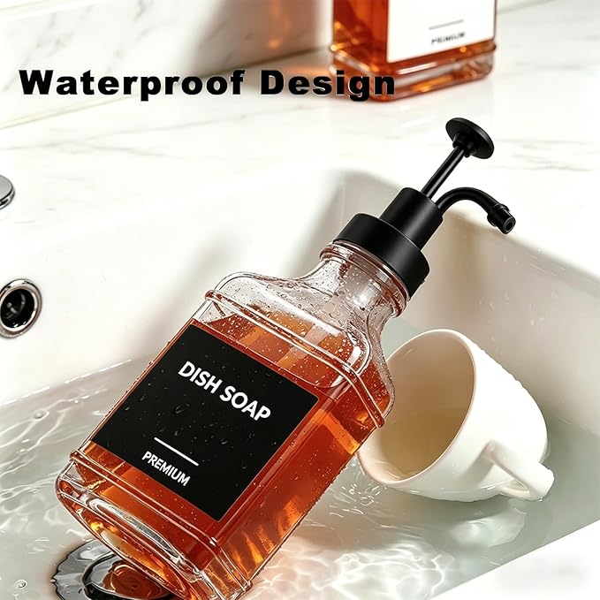 Dish Soap Dispenser for Kitchen, Hand Glass Soap Dispenser Set with Pump, Funnel for Bathroom, Shower, Laundry, Liquid, Lotion (Black 2 Pack 18 Oz Clear Bottles with 12 Stickers)