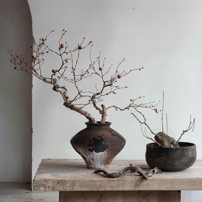 Rustic Wabi Sabi Rusty Vintage Vase - 6.7'' Wabi Sabi Decorative Farmhouse Pottery Flower Vase, Brown Ceramic Vases for Home Decor, Table, Centerpiece, Shelf, Entryway, Living Room, Bedroom, Bathroom