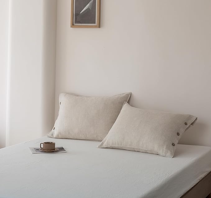 EVERLY 100% Linen Pillowcases Set of 2, French Linen from Normandy, 20X26Inch Standard Size, Natural Color, Coconut Buttons Closure, Flax Pillowshams-Pillowcase-Linen