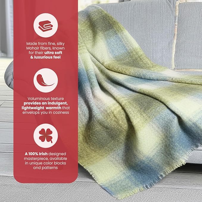 Biddy Murphy Ultra Soft Irish Mohair & Wool Throw Blanket, Made in Ireland, 54"x72", Cream/Pale Blue & Green/Grey Mix Block