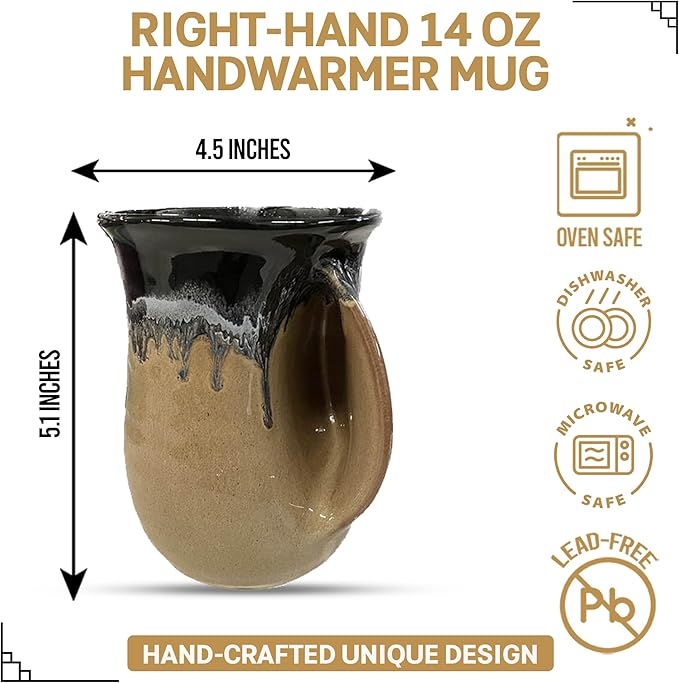 Clay in Motion Hand Warmer Coffee Mug – Handmade Coffee Mug With Comfortable Handle Contoured Pocket Hand Warming Ceramic Coffee Mug – Proudly Made in USA – Right Handed – 14 Oz - Black Brown
