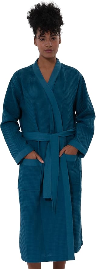 SEYANTE Women's Organic Cotton Waffle Kimono, Hooded Robe – GOTS Certified Lightweight Full-Length Spa Bathrobe with Piping