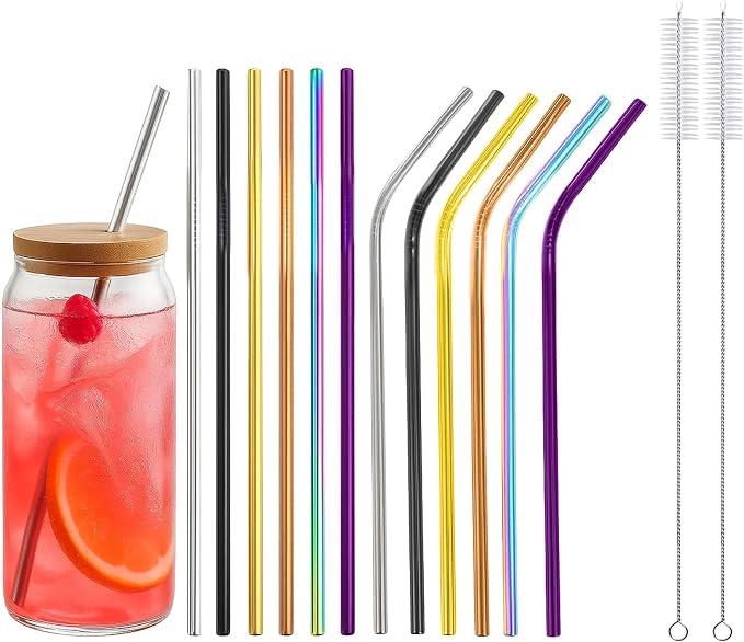 12 Pack 8.5" * 0.24" Stainless Steel Straws with 2 Cleaning Brushes, 6 Straight + 6 Bent Mental Straws, Compatible with 20oz Tumblers (Silver/Black/Gold/Rose Gold/Purple/Rainbow)