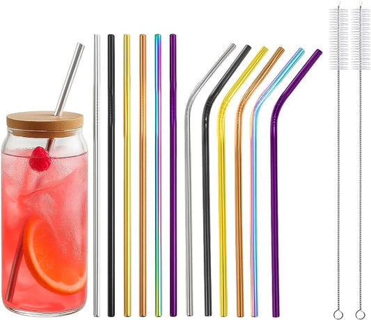 12 Pack 8.5" * 0.24" Stainless Steel Straws with 2 Cleaning Brushes, 6 Straight + 6 Bent Mental Straws, Compatible with 20oz Tumblers (Silver/Black/Gold/Rose Gold/Purple/Rainbow)