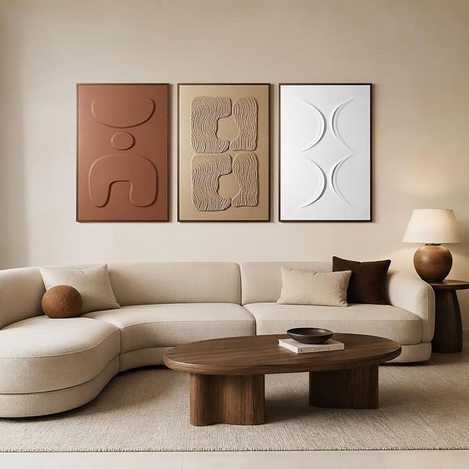 3D Textured Wall Art for Living Room, Set of 3 Wabi Sabi Abstract Sandstone Artwork with Solid Catalpa Wood Frame, Minimalist Triptych Pictures for Hallway Entryway, Ochre Earth & Terracotta Harmony, 24x36 In