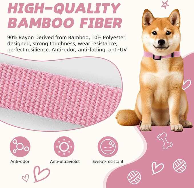 Pink Dog Collar for Large Dog, Breathable, Anti-Odor & Soft, Comfortable for Sensitive Skin Puppies, 90% Bamboo Rayon, Adjustable Quick-Release Buckle Pet Collar for Large Breeds
