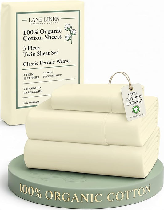 LANE LINEN 100% Organic Cotton Twin Bed Sheet Set, Soft, Comfy & Breathable Hotel Style Percale Bedding Sheets & Pillowcases Set, Mercerized Cotton Fully Elasticized Sheets Twin- Vanilla