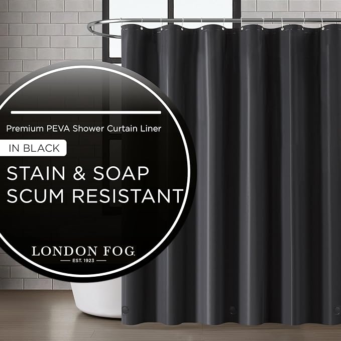 LONDON FOG 8G PEVA Shower Liner with Metal Grommets 1-Piece Standard Shower Curtain in Black, 70 x 72, PEVA, Adult, All Season, Oeko-TEX Certified