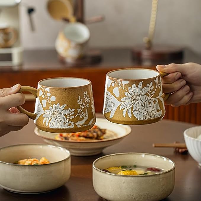16OZ Ceramic Coffee Latte Mug, Cute Cup for Women, Ideal for Green Tea or Coffee,Hand Painted Floral Design Pottery Mug(Asagao)