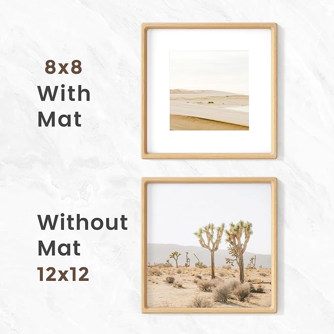 12x12 Frame, USA-Sourced Beech Wood Photo Frames with HD Tempered Glass, Handcrafted Rounded Corner Square Wooden Frames Matted to 8x8 Photos, 12x12 Picture Frame, Tabletop or Wall Display