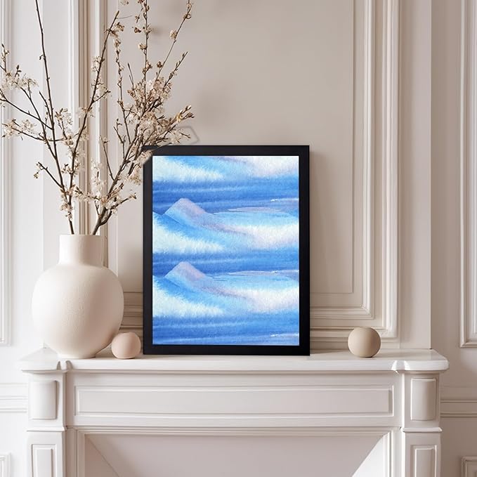 Monem Art Blue Watercolor Abstract Landscape Print - Minimalist Ocean Horizon Art Poster - Wall Decor for Living Room, Bedroom or Office - 12x16 Black Framed Wall Art by Rs Lab Studio