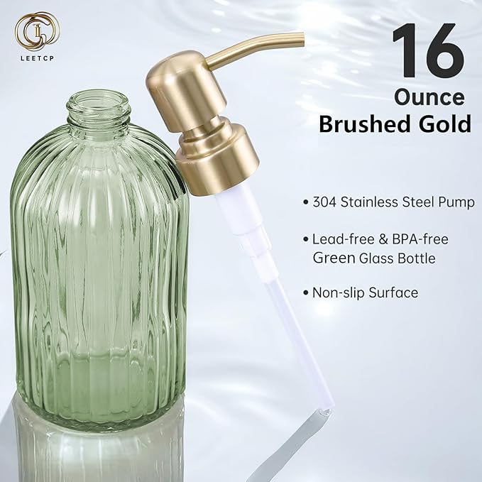 16Oz Green Glass Soap Dispenser with Rust Proof Stainless Steel Pump, Green Stripe Bathroom Hand Dish Lotion Dispensers with Brushed Gold Pump,Brushed Gold Glass Soap Dispenser