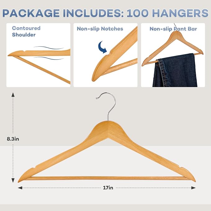 Wooden Hangers 100 Pack, Heavy Duty Wood Hangers for Coats, Suits, Jackets, Closet & Pants Durable Premium Wood Hanger with 360-Degree Rotatable Hook and Notches, Natural