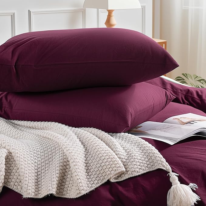 NEXHOME PRO 100% Washed Cotton Duvet Cover Full Size, Ogranic Natural Linen Feel Breathable Bedding Set with Zipper Closure, 3 Pieces Duvet Cover Set Wine (No Comfortert) 8090