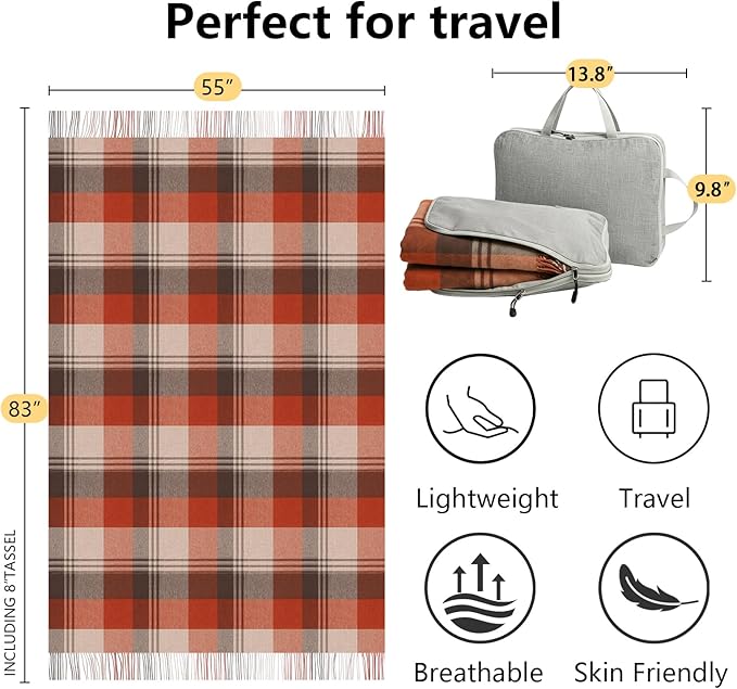 100% Wool Blanket Throw,Burgundy Plaid Wool Blanket with Compact Bag,Rustic Soft Lightweight Blanket for Couch,Sofa,Bed & Lounging Decoration,Travel Blanket for Home, Airplane,Ideal Gifts 55"x83"