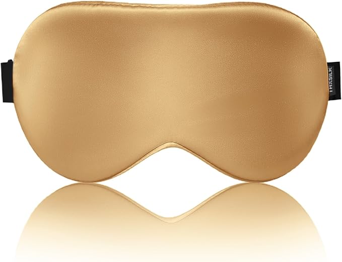 THXSILK Sleep Mask 100% 19 Momme Pure Mulberry Silk Super Smooth Cooling Sleep Eye Mask Blackout for Women/Man/Kids Eye Cover with Wide Head Strap Good Night Sleep Comfortable Travel Nap Metallic Gold