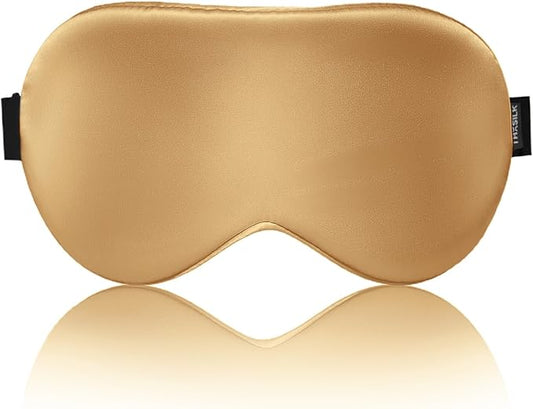 THXSILK Sleep Mask 100% 19 Momme Pure Mulberry Silk Super Smooth Cooling Sleep Eye Mask Blackout for Women/Man/Kids Eye Cover with Wide Head Strap Good Night Sleep Comfortable Travel Nap Metallic Gold