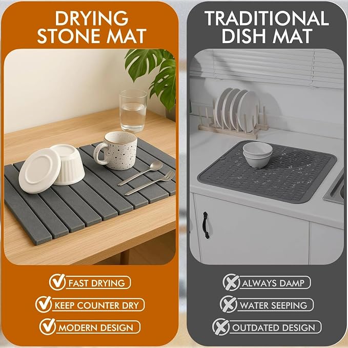 Diatomaceous Earth Dish Drying Mat 24x16 Inch – Fast Absorbing Stone Drying Mat for Kitchen Counter, Non-Slip Dish Mat for Dishes, Cups & Utensils, Large Kitchen Mat, Dark Gray