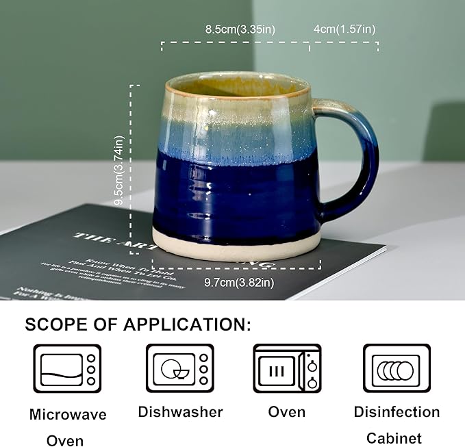 fMBB Large Ceramic Coffee Mugs, 13oz, Tea/Coffee Cups, Large Handle & Wide Bottom Coffee Mug, Transmutation Glaze, Hand Painted Mug, for Home or Office, Microwave and Dishwasher Safe, Blue Tone