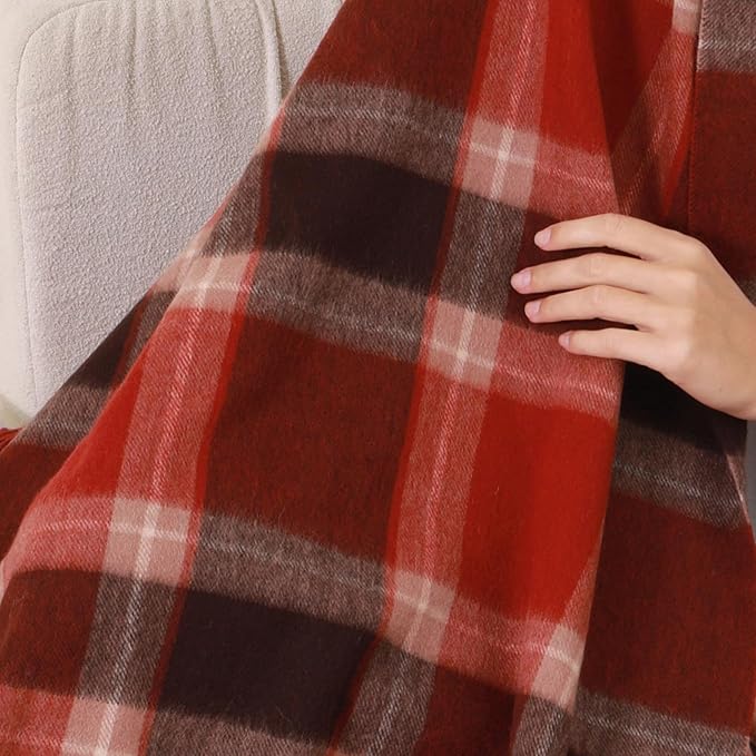 Soft Pure Wool Throw Blanket, Lightweight Warmth, 55"x83", Plaid, Fringe, Compact with Bag, Useful Gift for Women Men, All Season Decorative Cozy Travel Blanket for Couch Bed, Outdoors