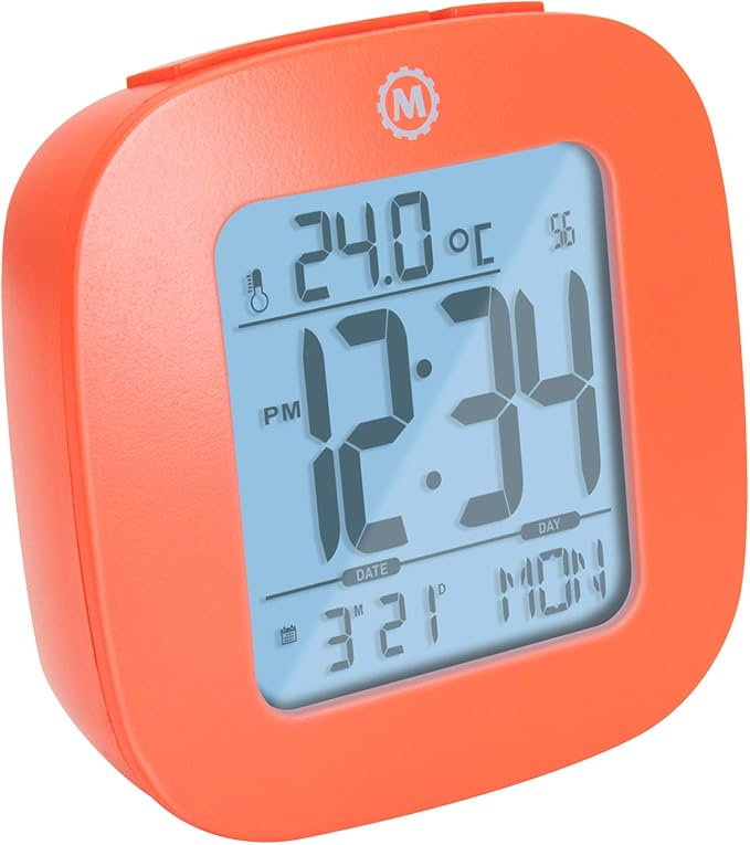 MARATHON Compact Alarm Clock with Temperature & Date, Orange - Large, Easy to Read Display with Backlight - Easy to Set Up & Use