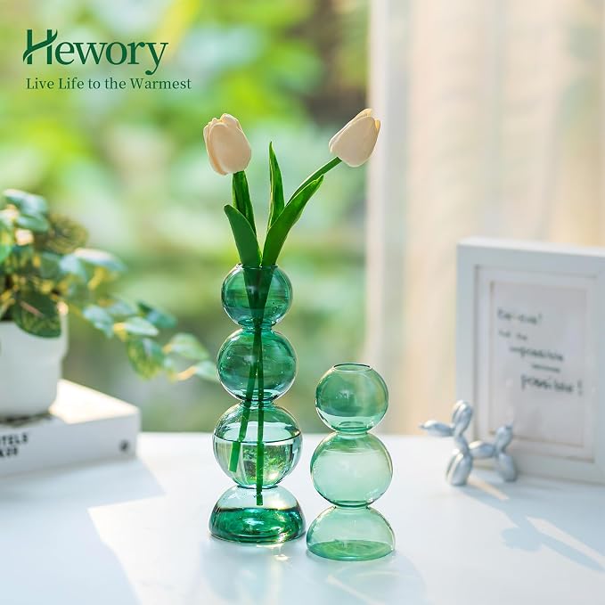 Glass Bubble Vases for Flowers, Hewory 2pcs Green Unique Cute Single Flower Vase for Centerpieces, Funky Aesthetic Vase Skinny Bud Vase, Cool Groovy Decor for Home Living Room Bedroom Office Tabletop