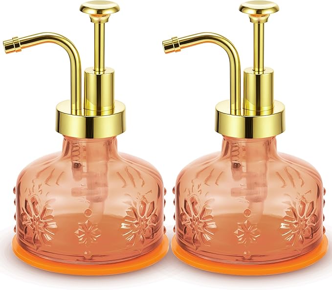 Tioncy 2 Pcs Antique Soap Dispenser Kitchen Bathroom Countertop Glass Soap Pump Dispenser Refillable Rustic Small Liquid Container with Non Slip Silicone Coaster(Orange)