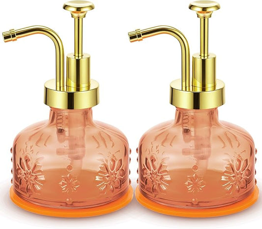 Tioncy 2 Pcs Antique Soap Dispenser Kitchen Bathroom Countertop Glass Soap Pump Dispenser Refillable Rustic Small Liquid Container with Non Slip Silicone Coaster(Orange)