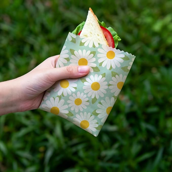 Reusable Beeswax Wraps, 9 Pack Eco-Friendly Food Storage, Organic, Sustainable, Zero Waste, Plastic-Free, Sandwich, Bread, Bowl Cover, 1XL, 3M, 5S, Blue Green Yellow Daisy Pattern
