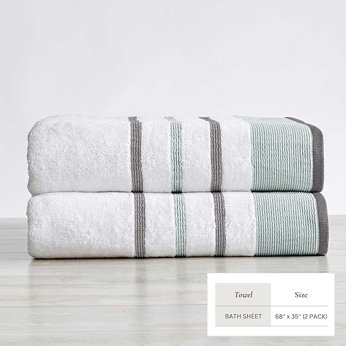 Great Bay Home Decorative Oversized Bath Sheet Set - Cotton 2 Pack 68x35 Extra Large Towels - Durable Towels for Bathroom Decor (Eucalyptus/Grey)