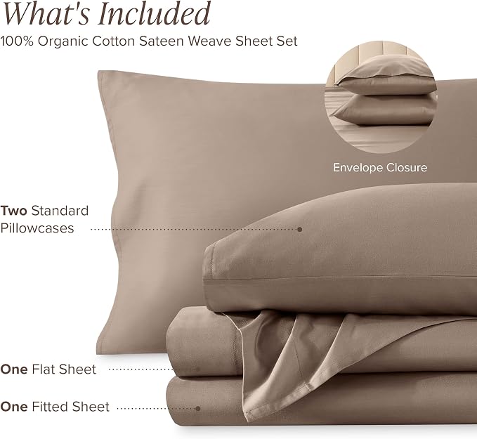 Bare Home 100% Organic Cotton Queen Sheet Set - 400 Thread Count - Smooth Sateen Weave - Breathable & Cooling - Hotel Luxury Set - Deep Pocket Bed Sheets (Queen, Taupe)