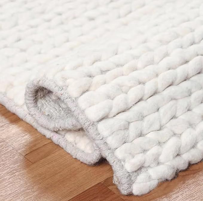 FRELISH DECOR Wool Cotton Area Rug for Living Room and Bedroom, 5'x8' Handwoven Braided Chunky Knit Cable Rugs, Farmhouse Contemporary Area Rug: Wool Ivory Premium