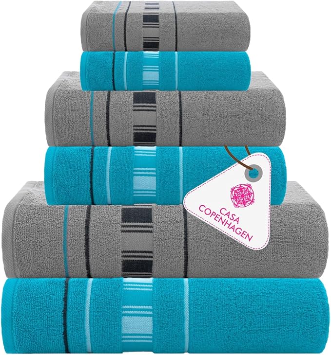 CASA COPENHAGEN X Line 6Pcs 100% Egyptian Cotton Large Designer Towels Gift Set- Silver Grey - Teal, 600 GSM, 2Bath 2Hand 2Washcloths, Bath Towels for Bathroom (Gift Set for Women & Men)