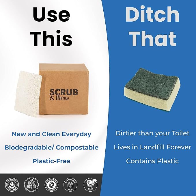 Scrub & Throw Loofah Scrub Sponge, Natural, Plastic-Free, Non-Scratch, for Kitchen, Dishes, Pots and Cleaning, Plant-Based, Plastic-Free, Eco-Friendly, Biodegradable, 180 Pack