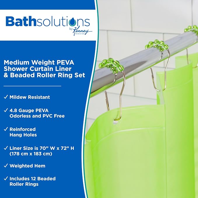 Kenney KN61703 Medium Weight 5 Gauge Waterproof PEVA Shower Curtain Liner with Durable Eyelet Hang Holes, Weighted Magnetic Hem, and 12 Piece Beaded Roller Ring Set for Bathroom, 70" W x 72" H, Green