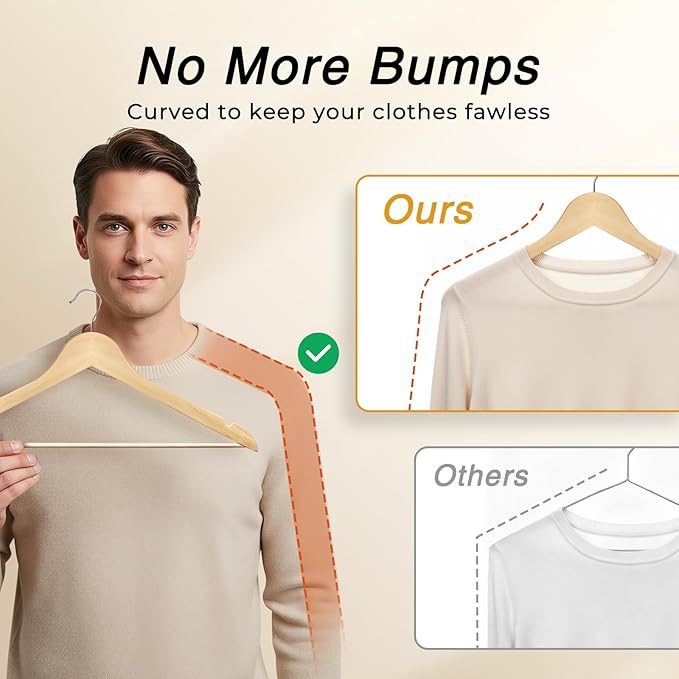 HOUSE DAY Slim Wooden Hangers 20 Pack, Solid Wood Hanger with Non Slip Shoulder Notches & Pant Bar, Smooth Finish Wood Clothes Hangers for Shirts, Suits, Jackets, Natural