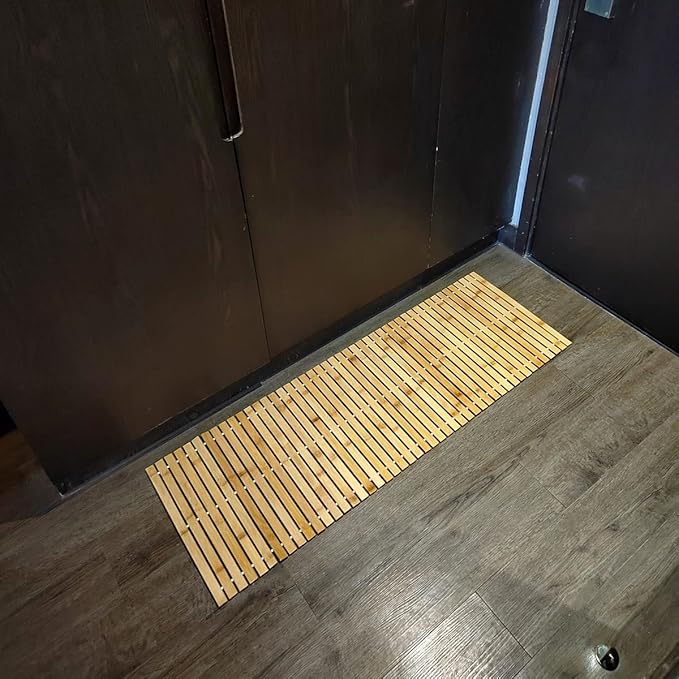 HJJKKH Bath Mat, Wooden Bathroom Mat Rayon Made from Bamboo 47.3"x15.7", Rollable Non-Slip Floor Mat, Wooden Shower Mat for Bathroom, Bathtub, Spa, Sauna, Hot Tub & Outdoor Use